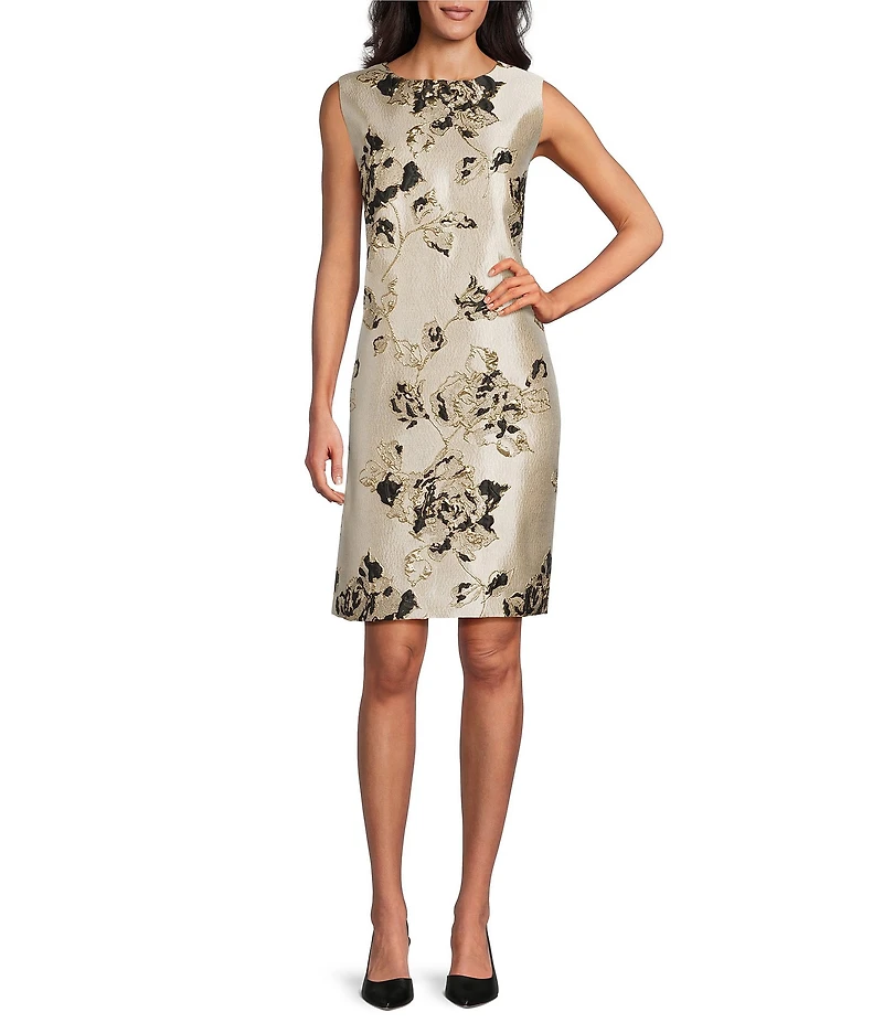 Caroline Rose Lustrous Fiore Brocade Round Neck Sleeveless Sheath Dress
