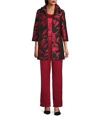 Caroline Rose Luxe Leaf Pattern Devore Ruched Collar 3/4 Sleeve Open-Front Statement Jacket