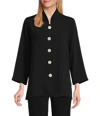 Caroline Rose Matte Crepe Mandarin Collar 3/4 Sleeve Black Rhinestone Button Jacket