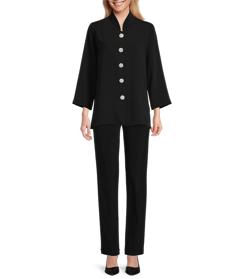 Caroline Rose Matte Crepe Mandarin Collar 3/4 Sleeve Black Rhinestone Button Jacket