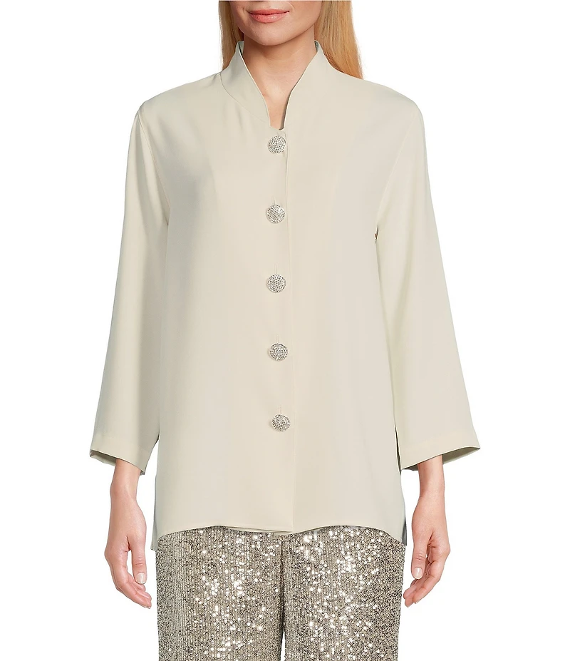 Caroline Rose Matte Crepe Mandarin Collar 3/4 Sleeve Black Rhinestone Button Jacket