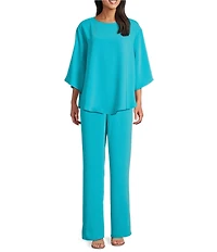 Caroline Rose Matte Crepe Scoop Neck 3/4 Dolman Sleeve Crescent Caftan Top