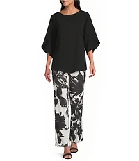 Caroline Rose Matte Crepe Scoop Neck 3/4 Petal Sleeve Top