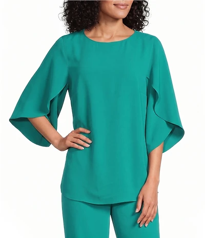 Caroline Rose Matte Crepe Scoop Neck 3/4 Petal Sleeve Top