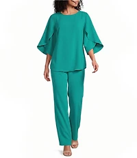 Caroline Rose Matte Crepe Scoop Neck 3/4 Petal Sleeve Top