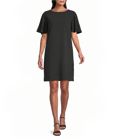 Caroline Rose Matte Crepe Scoop Neck Elbow Flutter Sleeve Dress