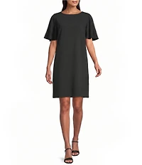 Caroline Rose Matte Crepe Scoop Neck Elbow Flutter Sleeve Dress