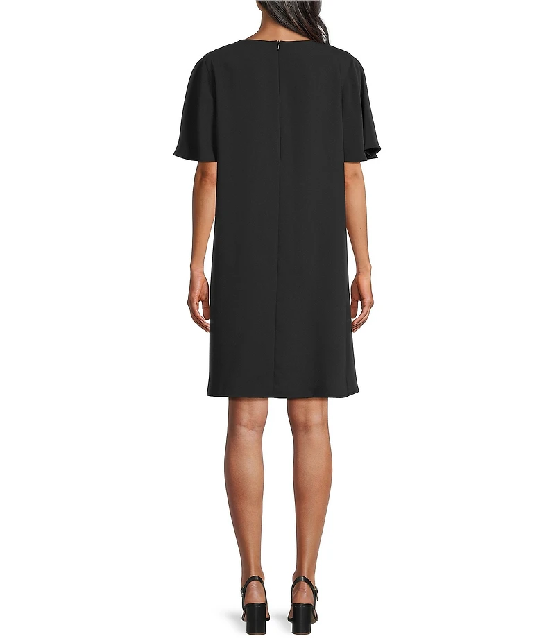 Caroline Rose Matte Crepe Scoop Neck Elbow Flutter Sleeve Dress