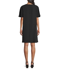 Caroline Rose Matte Crepe Scoop Neck Elbow Flutter Sleeve Dress
