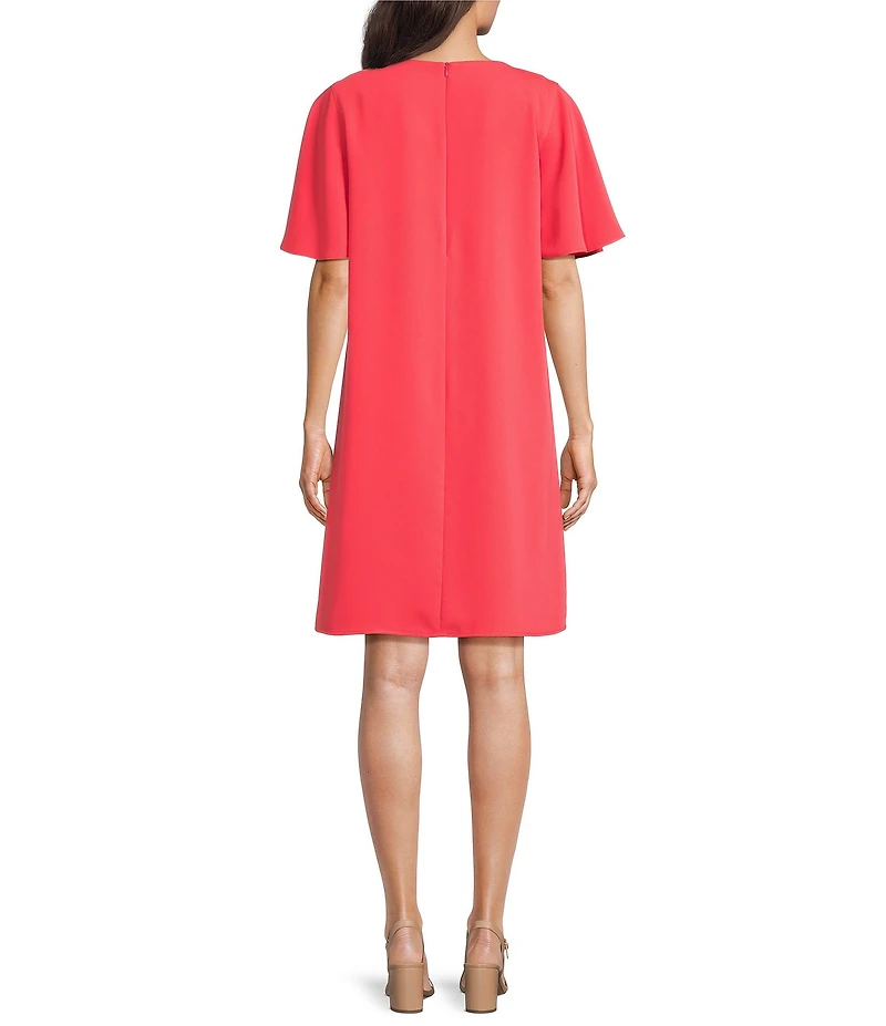 Caroline Rose Matte Crepe Scoop Neck Elbow Flutter Sleeve Dress