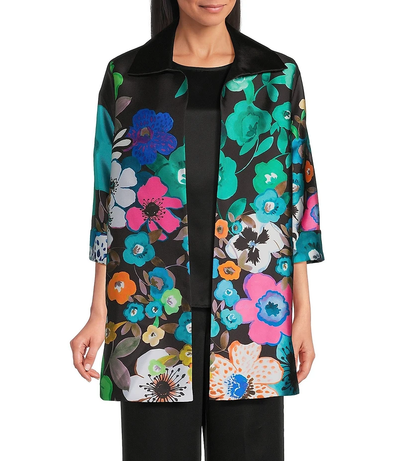 Caroline Rose Mikado Bight Multi Floral Print Spread Collar Cuffed Bracelet Sleeve Open-Front Long Statement Jacket