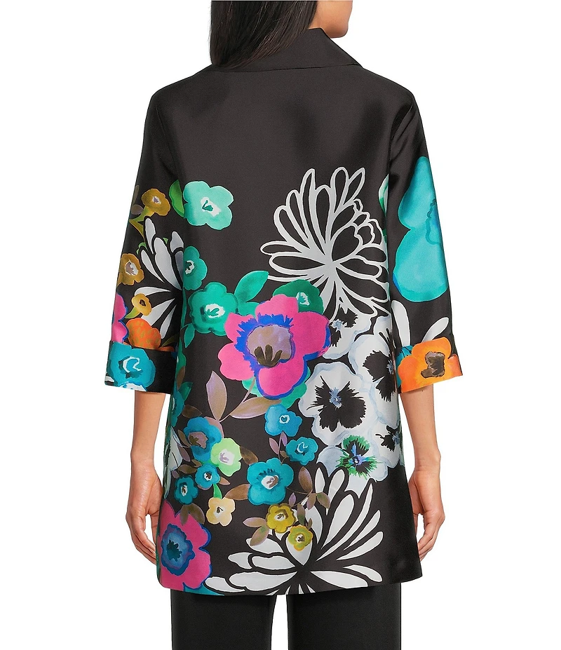 Caroline Rose Mikado Bight Multi Floral Print Spread Collar Cuffed Bracelet Sleeve Open-Front Long Statement Jacket