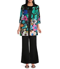 Caroline Rose Mikado Bight Multi Floral Print Spread Collar Cuffed Bracelet Sleeve Open-Front Long Statement Jacket