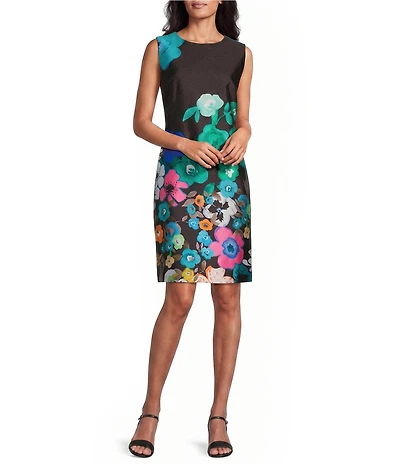 Caroline Rose Mikado Bright Multi Floral Print Scoop Neck Sleeveless Sheath Dress