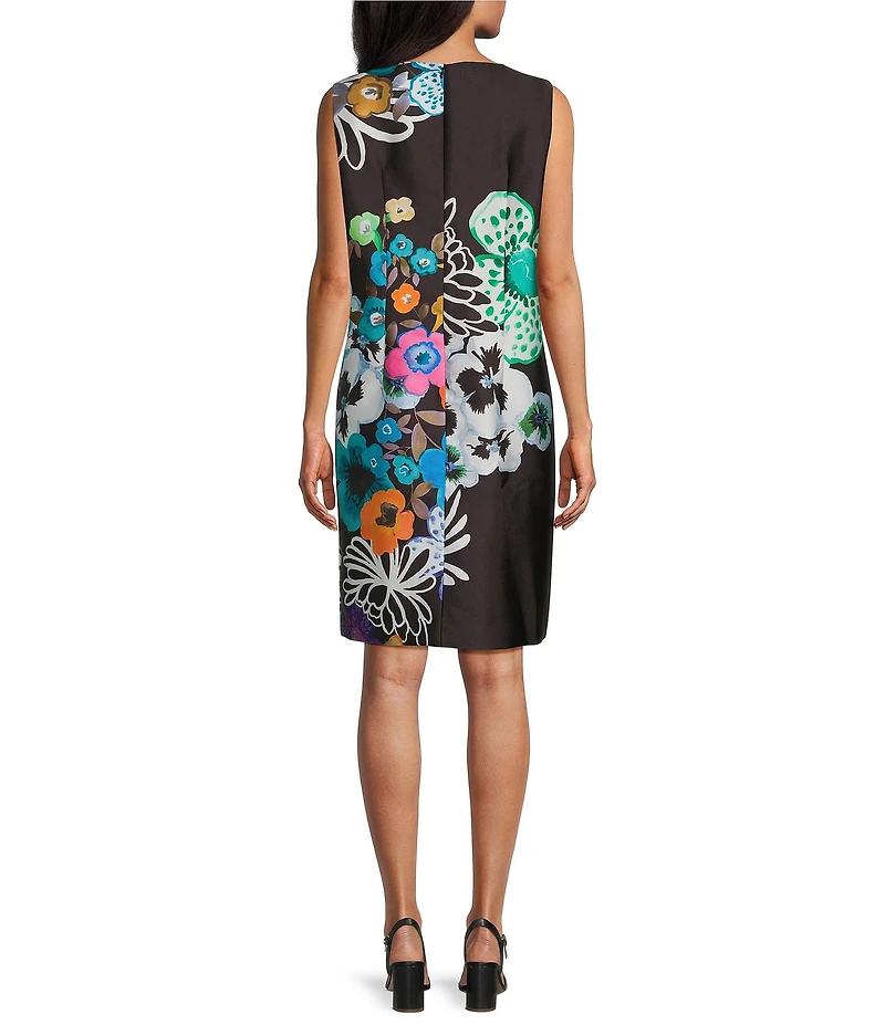 Caroline Rose Mikado Bright Multi Floral Print Scoop Neck Sleeveless Sheath Dress