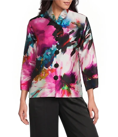 Caroline Rose Mikado Watercolor Floral Print Mandarin Collar Cuffed Bracelet Sleeve Boxy Statement Jacket