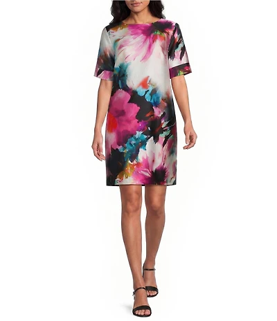 Caroline Rose Mikado Watercolor Floral Print Scoop Neck Cuffed Elbow Sleeve Shift Dress