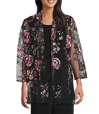 Caroline Rose Pink Rose Floral Embroidered Mesh Open-Front Swing Cardigan