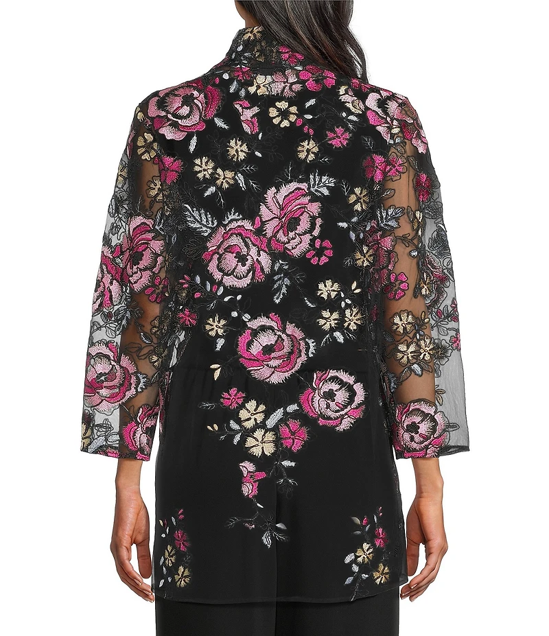 Caroline Rose Pink Rose Floral Embroidered Mesh Open-Front Swing Cardigan