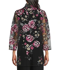 Caroline Rose Pink Rose Floral Embroidered Mesh Open-Front Swing Cardigan