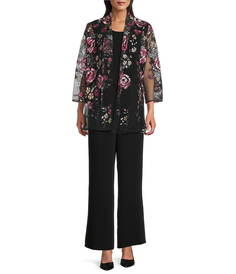Caroline Rose Pink Rose Floral Embroidered Mesh Open-Front Swing Cardigan