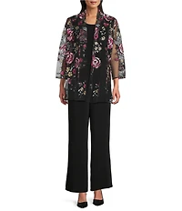 Caroline Rose Pink Rose Floral Embroidered Mesh Open-Front Swing Cardigan