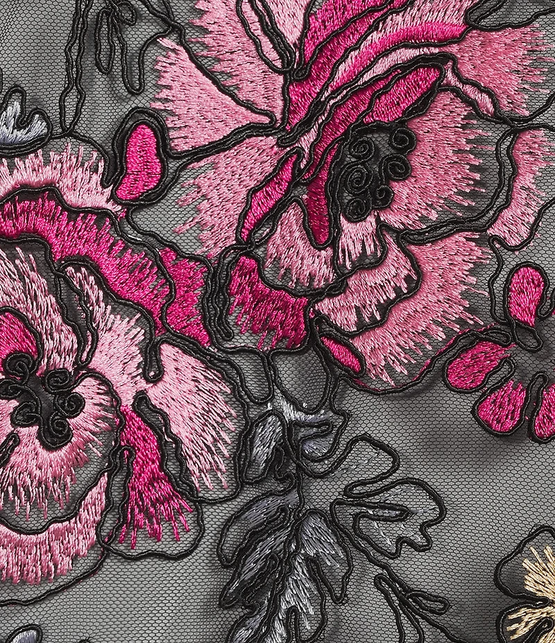 Caroline Rose Pink Rose Floral Embroidered Mesh Open-Front Swing Cardigan