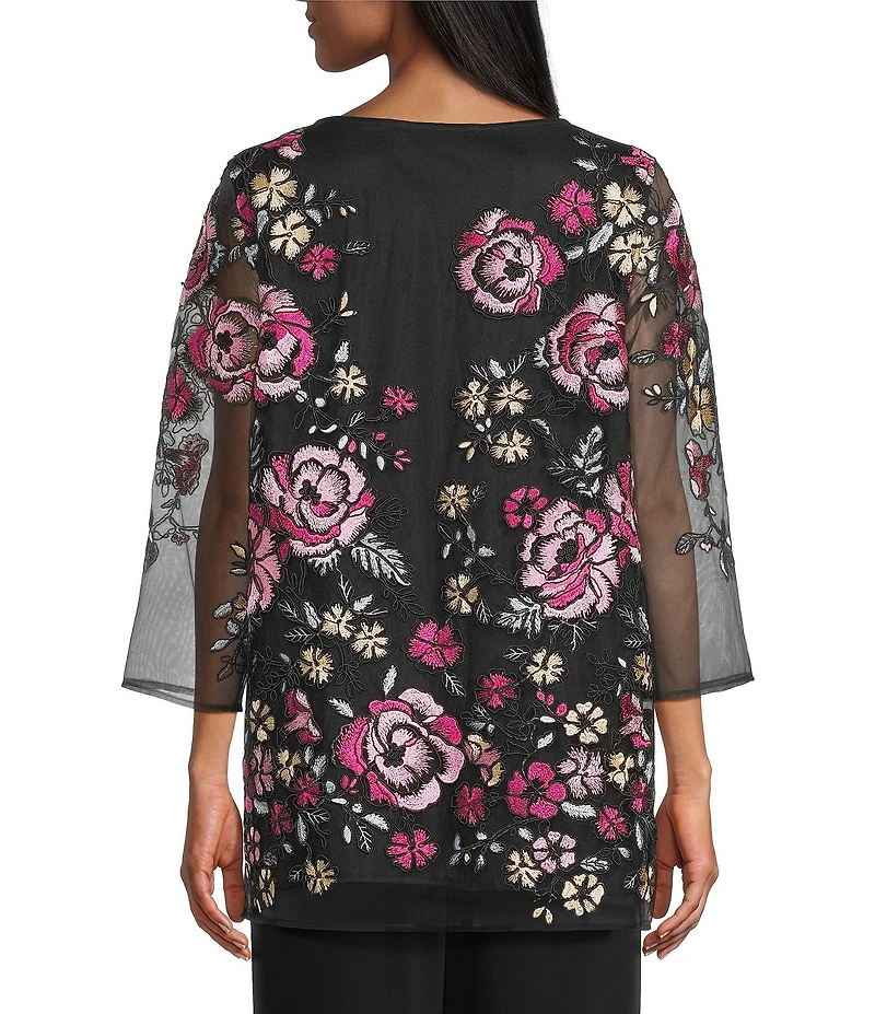 Caroline Rose Pink Rose Floral Embroidered Mesh Scoop Neck 3/4 Sleeve Tunic