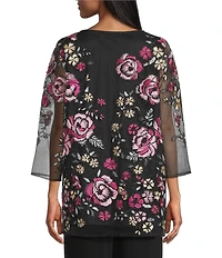 Caroline Rose Pink Rose Floral Embroidered Mesh Scoop Neck 3/4 Sleeve Tunic