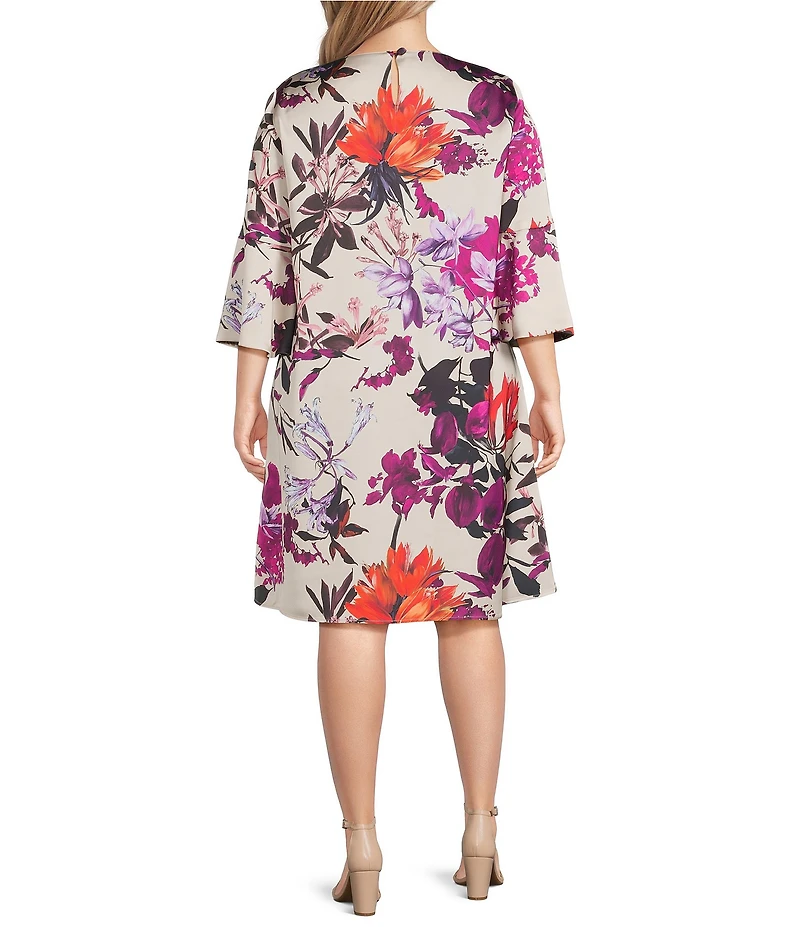 Caroline Rose Plus Bella Floral Print Satin Round Neck 3/4 Bell Sleeve Shift Dress