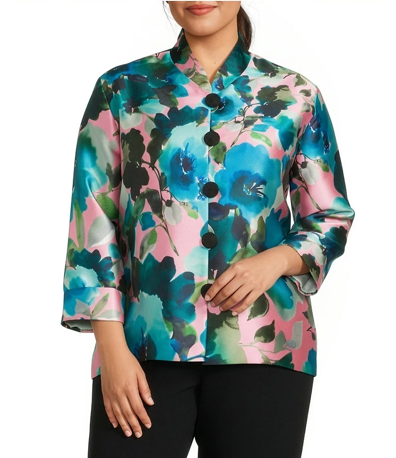 Caroline Rose Plus Size Blooming Floral Printed Mikado Mandarin Collar Cuffed Bracelet Sleeve Button Front Statement Jacket