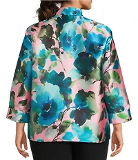Caroline Rose Plus Size Blooming Floral Printed Mikado Mandarin Collar Cuffed Bracelet Sleeve Button Front Statement Jacket