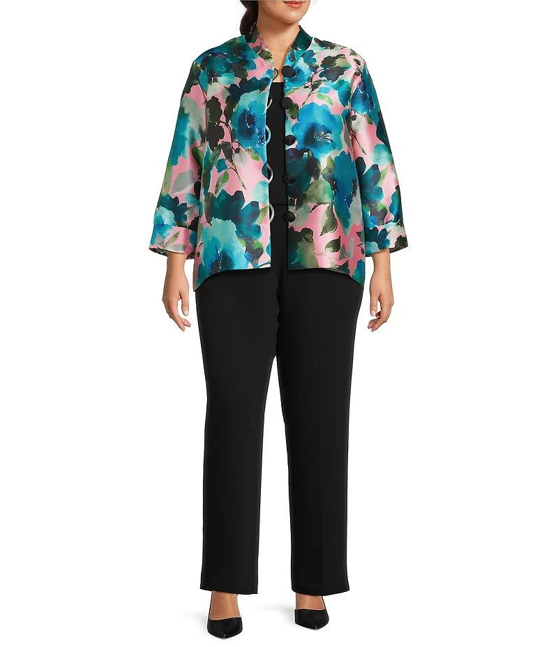 Caroline Rose Plus Size Blooming Floral Printed Mikado Mandarin Collar Cuffed Bracelet Sleeve Button Front Statement Jacket