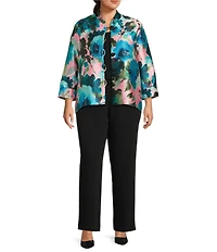 Caroline Rose Plus Size Blooming Floral Printed Mikado Mandarin Collar Cuffed Bracelet Sleeve Button Front Statement Jacket
