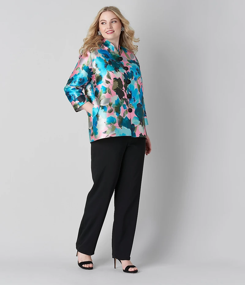 Caroline Rose Plus Size Blooming Floral Printed Mikado Mandarin Collar Cuffed Bracelet Sleeve Button Front Statement Jacket