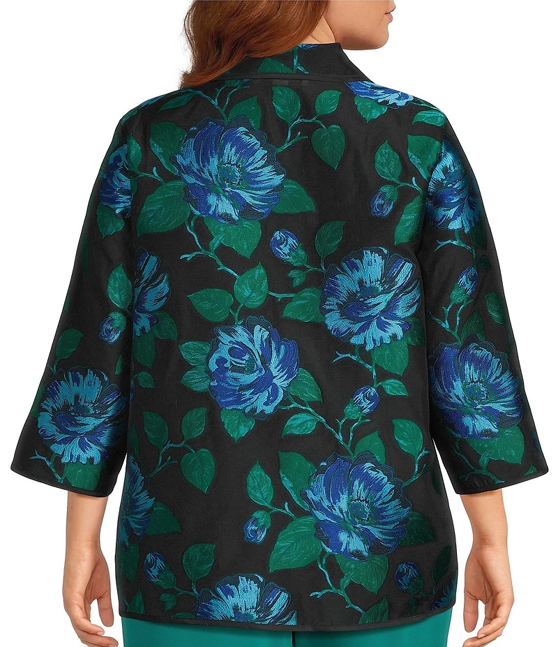 Caroline Rose Plus Blue Rose Print Devore Point Collar Bracelet Sleeve Open-Front Statement Jacket