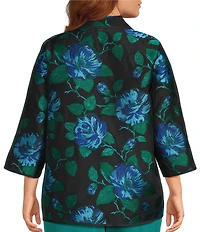 Caroline Rose Plus Blue Rose Print Devore Point Collar Bracelet Sleeve Open-Front Statement Jacket