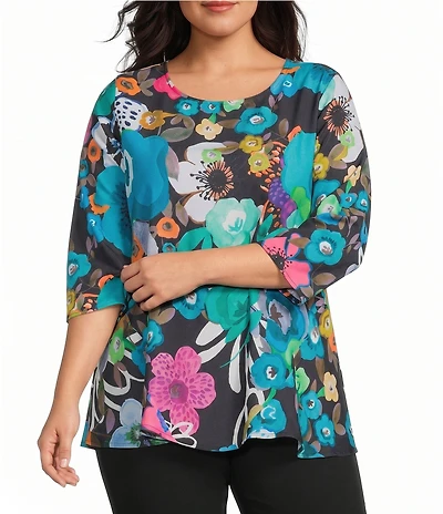Caroline Rose Plus Bright Multi Floral Print Crepe Scoop Neck 3/4 Sleeve A-Line Flare Top