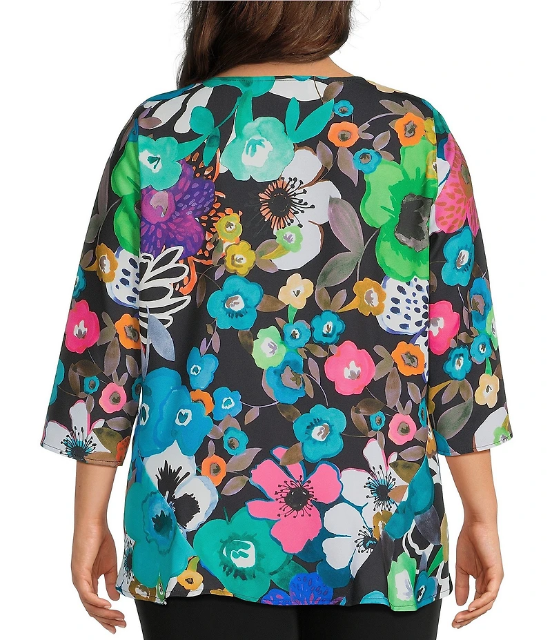 Caroline Rose Plus Bright Multi Floral Print Crepe Scoop Neck 3/4 Sleeve A-Line Flare Top