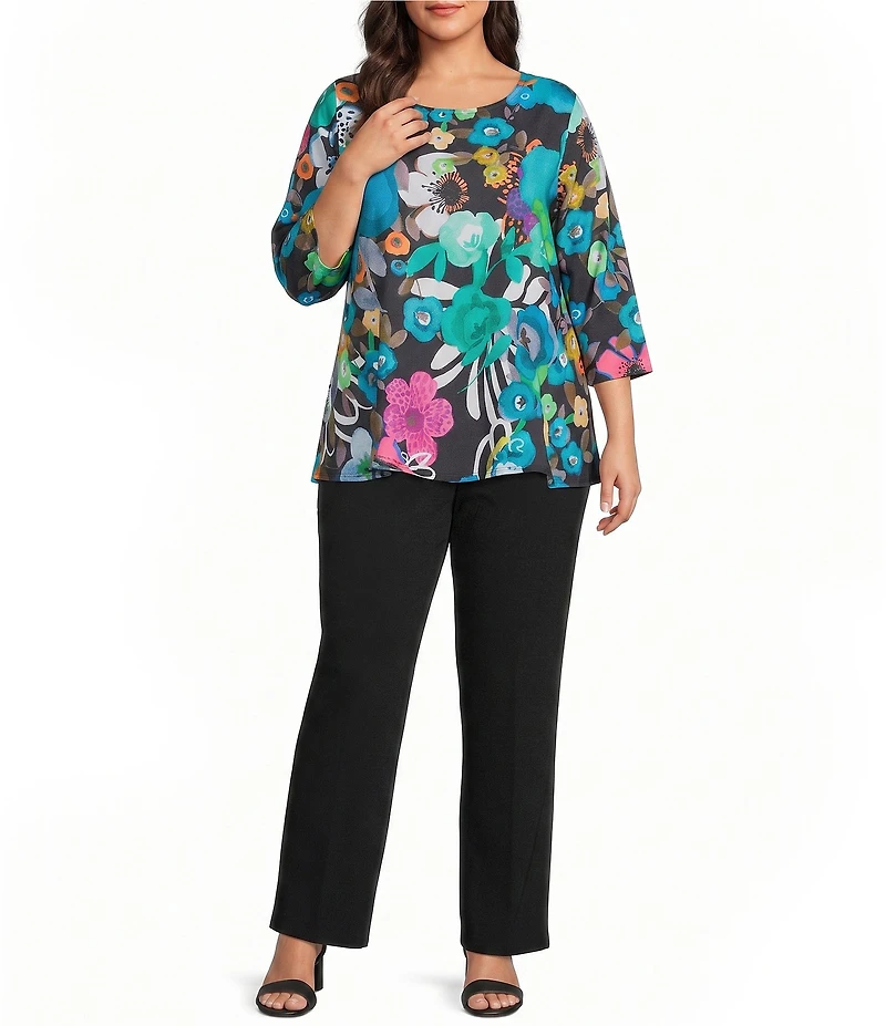 Caroline Rose Plus Bright Multi Floral Print Crepe Scoop Neck 3/4 Sleeve A-Line Flare Top