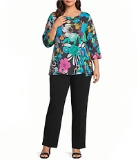Caroline Rose Plus Bright Multi Floral Print Crepe Scoop Neck 3/4 Sleeve A-Line Flare Top