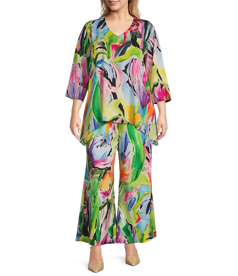 Caroline Rose Plus Brilliant Bouquet Print Breezy Stretch Woven Wide Leg Coordinating Pants