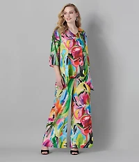 Caroline Rose Plus Brilliant Bouquet Print Breezy Stretch Woven Wide Leg Coordinating Pants