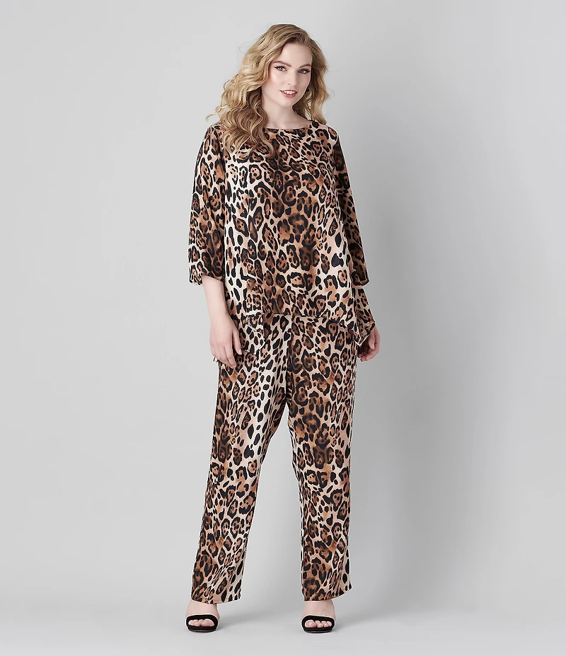 Caroline Rose Plus Coordinating Leopard Print Matte Crepe Scoop Neck 3/4 Sleeve Party Top