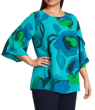 Caroline Rose Plus Copa Abstract Floral Print Matte Crepe Scoop Neck 3/4 Tulip Petal Sleeve Tunic