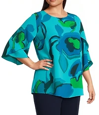 Caroline Rose Plus Copa Abstract Floral Print Matte Crepe Scoop Neck 3/4 Tulip Petal Sleeve Tunic
