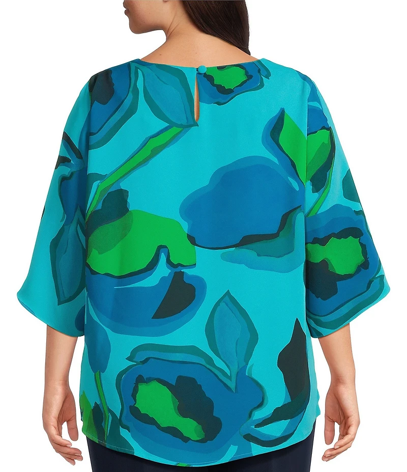 Caroline Rose Plus Copa Abstract Floral Print Matte Crepe Scoop Neck 3/4 Tulip Petal Sleeve Tunic