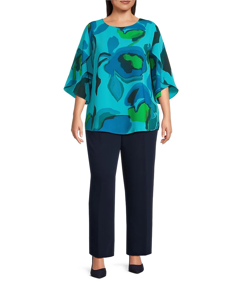 Caroline Rose Plus Copa Abstract Floral Print Matte Crepe Scoop Neck 3/4 Tulip Petal Sleeve Tunic