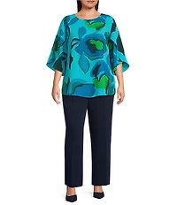Caroline Rose Plus Copa Abstract Floral Print Matte Crepe Scoop Neck 3/4 Tulip Petal Sleeve Tunic