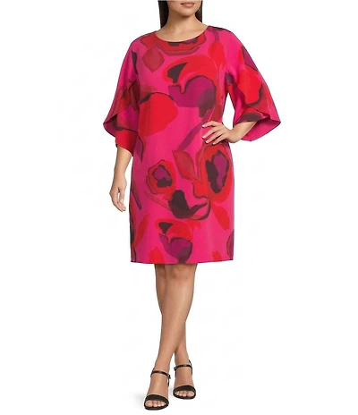 Caroline Rose Plus Copa Floral Print Crepe Scoop Neck 3/4 Tulip Petal Sleeve Dress